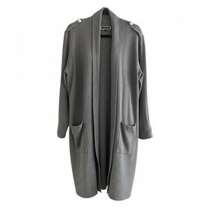 Grey Long Cardigan Open Shawl Collar Coatigan Button Shoulder Knit Pockets L